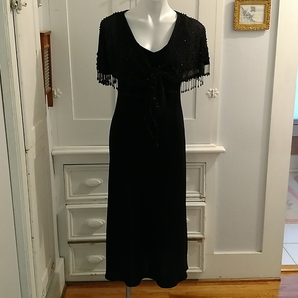 S.K. Fashions black dress w/attached beaded cape S